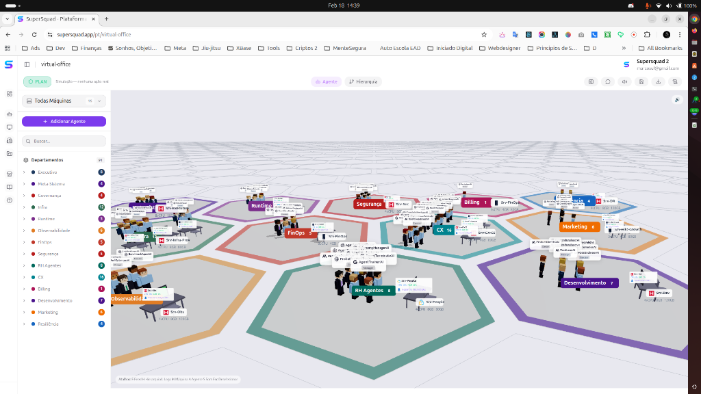 Virtual Office 3D - Escritório virtual com departamentos e agentes organizados em grid hexagonal